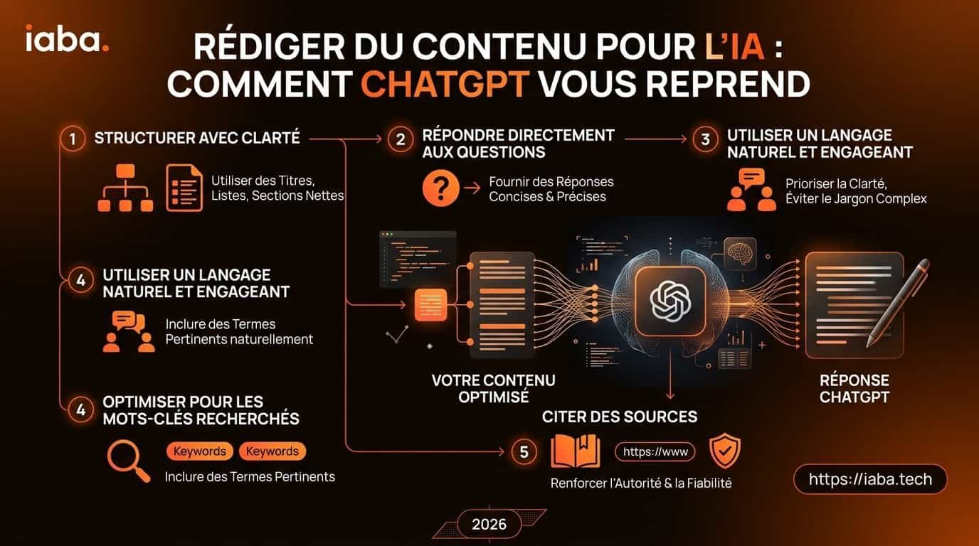 Rédiger du contenu cité par ChatGPT : guide GEO 2026 3 Infographie processus en 5 étapes pour optimiser la rédaction de contenu web pour ChatGPT en 2026
