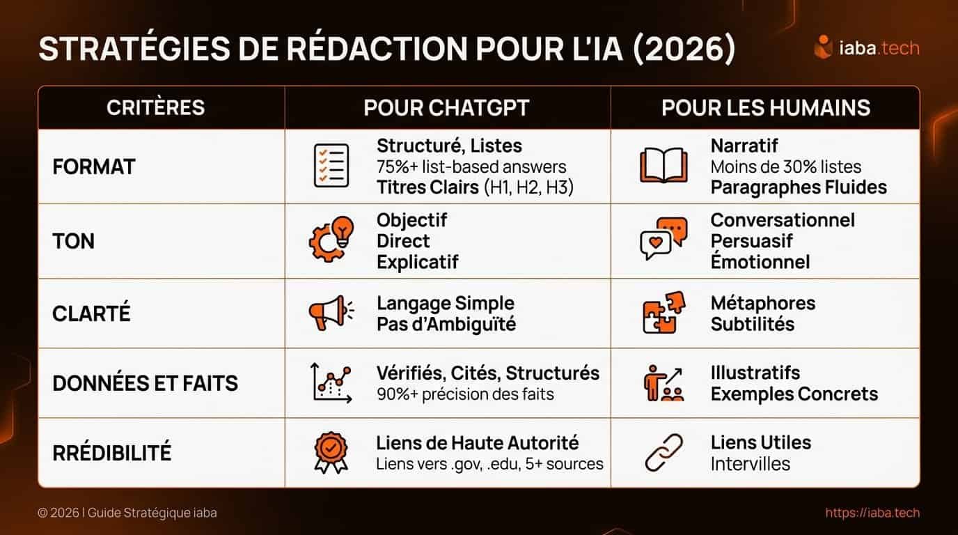 Rédiger du contenu cité par ChatGPT : guide GEO 2026 6 Tableau comparatif des critères de rédaction SEO vs GEO pour indexation par ChatGPT