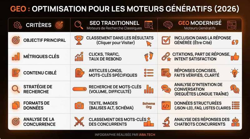 Generative Engine Optimization (GEO) : Le Guide 2026 4 Tableau comparatif des indicateurs SEO et GEO en 2026