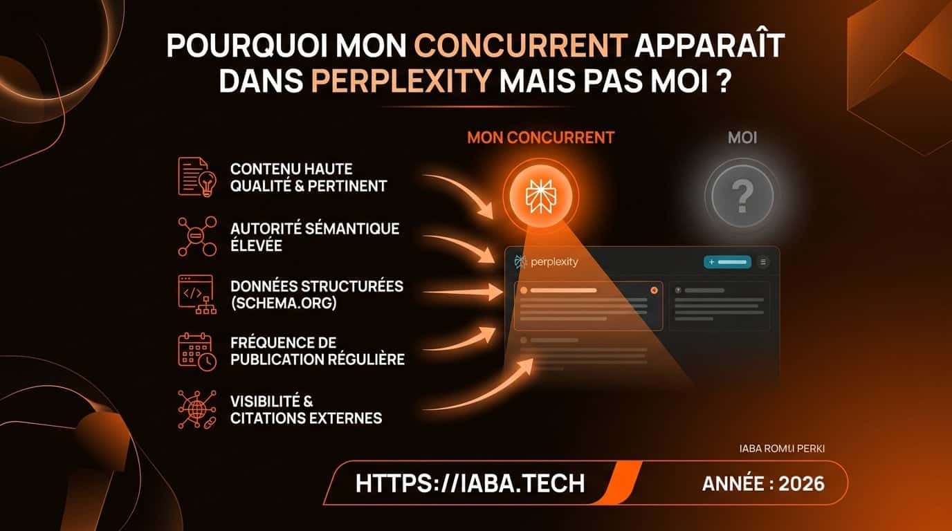 Concurrent cité par Perplexity et pas vous ? Causes 2026 3 Infographie : 5 critères d'indexation IA expliquant l'écart de visibilité sur Perplexity