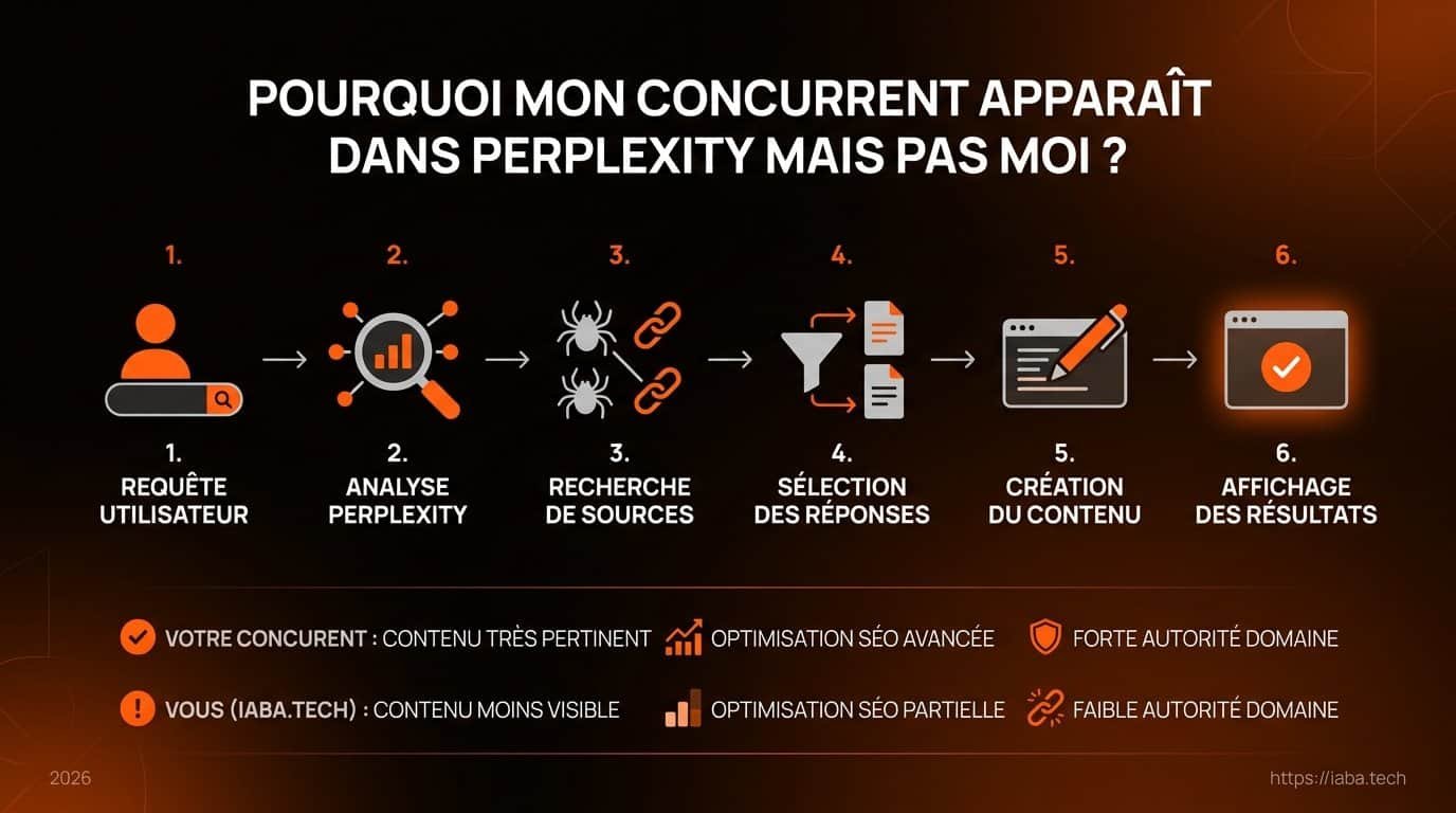 Concurrent cité par Perplexity et pas vous ? Causes 2026 5 Schéma de processus d'optimisation de la visibilité Perplexity pourquoi mon concurrent apparaît dans les réponses de Perplexity mais pas moi